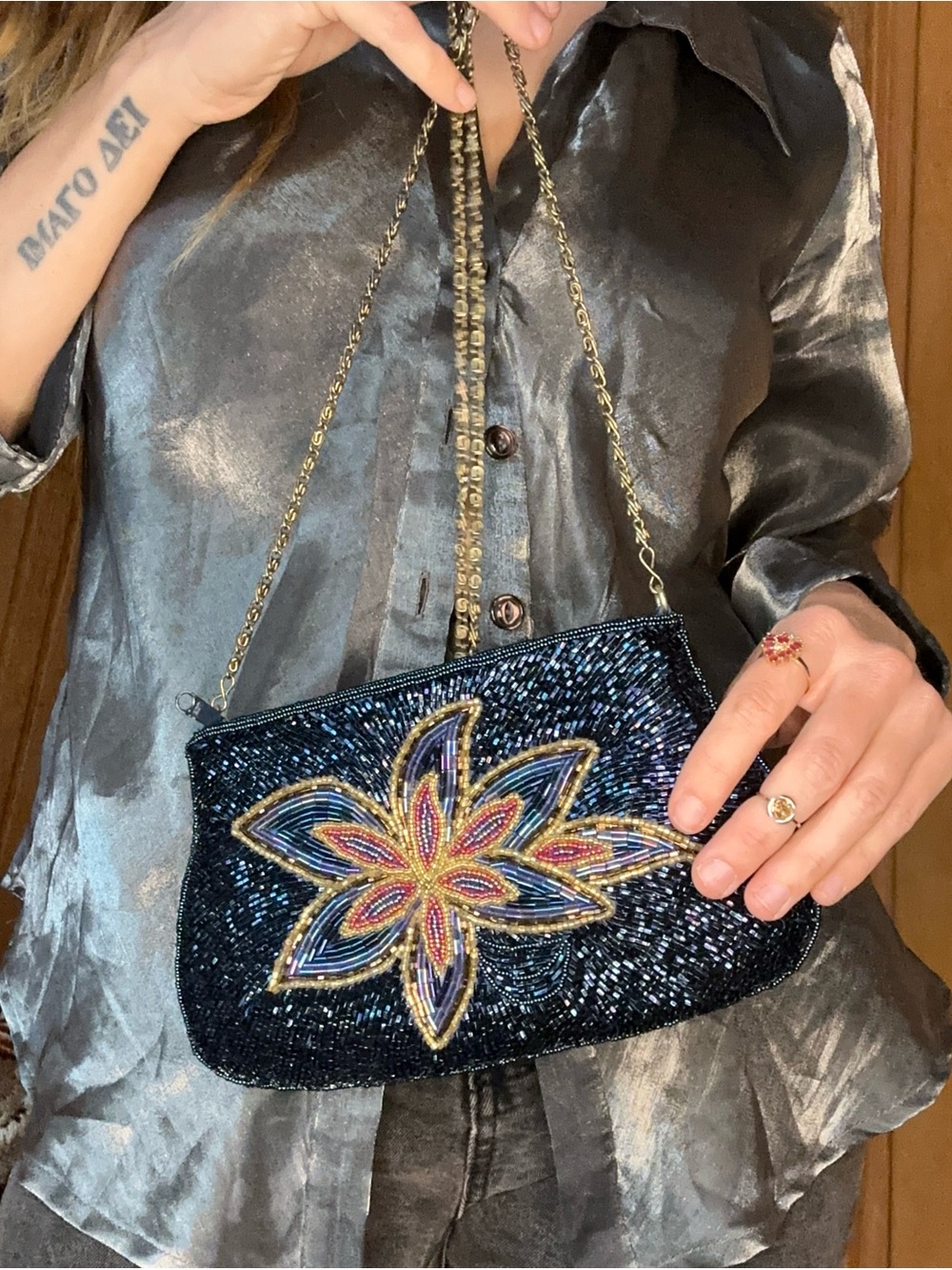Vintage Beaded Floral Crossbody Bag Purse Blue Black Metallic Chain Strap